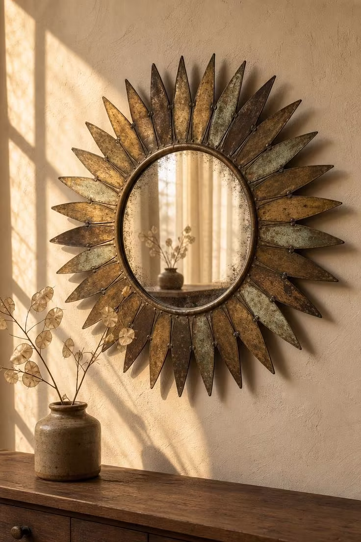 Tarnished brass sunburst mirror with uneven patina petals mounted on a cream plaster wall in warm golden afternoon light