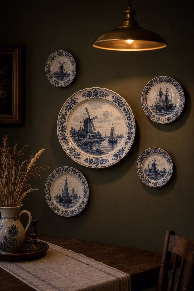 Five hand-painted blue-and-white Delft plates arranged in a cluster on a dark olive dining room wall under moody pendant light