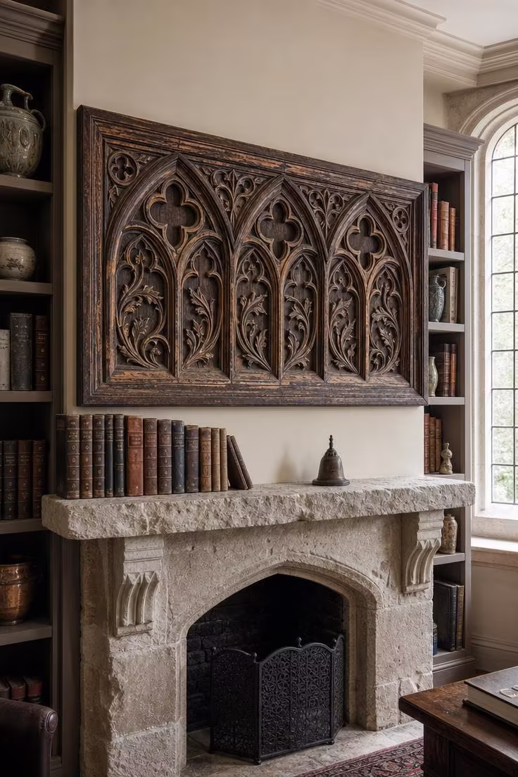 Carved oak Gothic Revival panel with trefoil cutouts and vine motifs displayed above a rough limestone fireplace mantel in soft diffused light