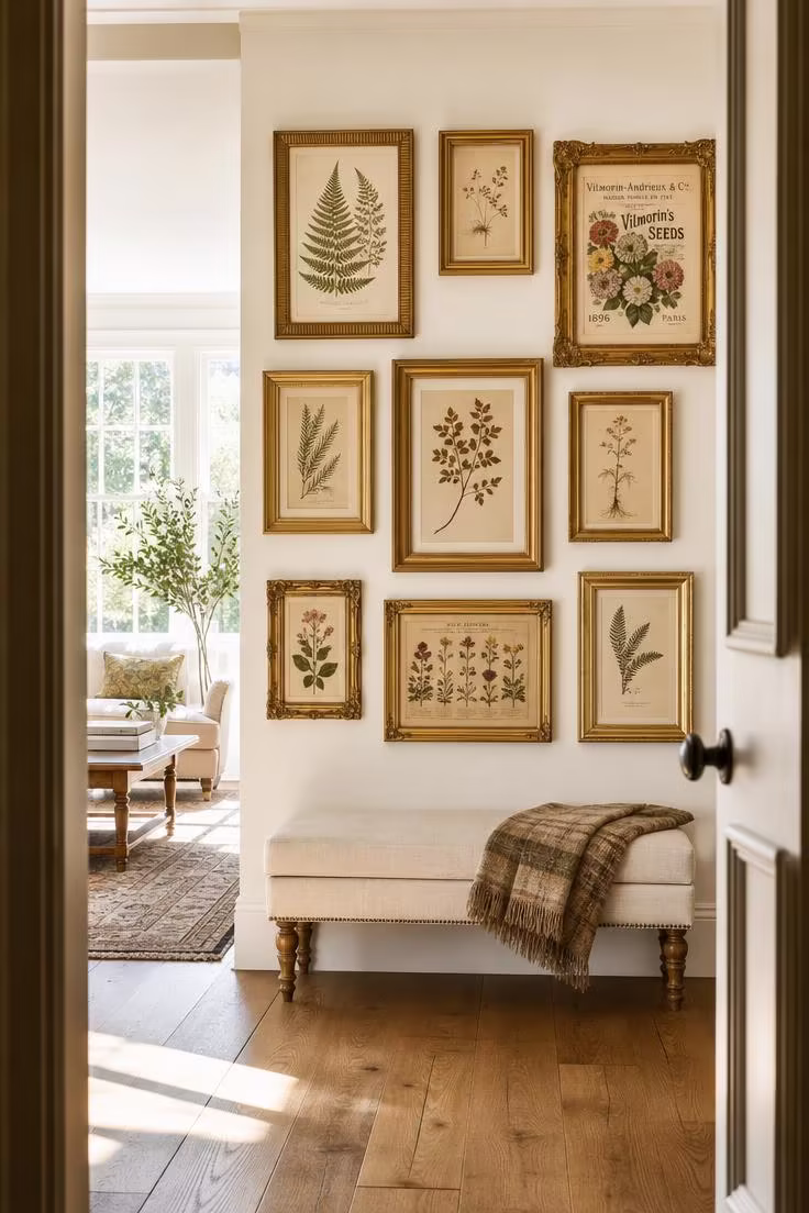 Gallery wall of nine mismatched gilt frames with vintage botanical prints on a warm white wall in bright midday light viewed from a doorway