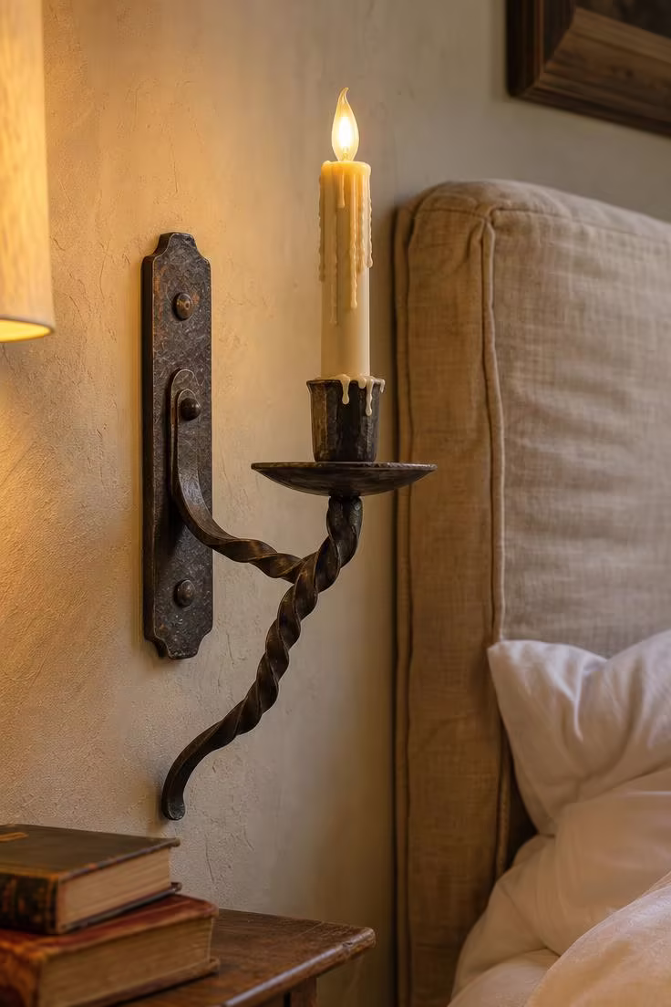 Close-up of a hand-forged wrought iron candle sconce with twisted arm mounted beside a linen headboard in warm golden light