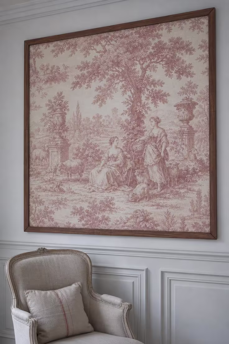 Framed antique French toile panel in faded red with pastoral scene mounted on a white wainscot wall in cool overcast morning light