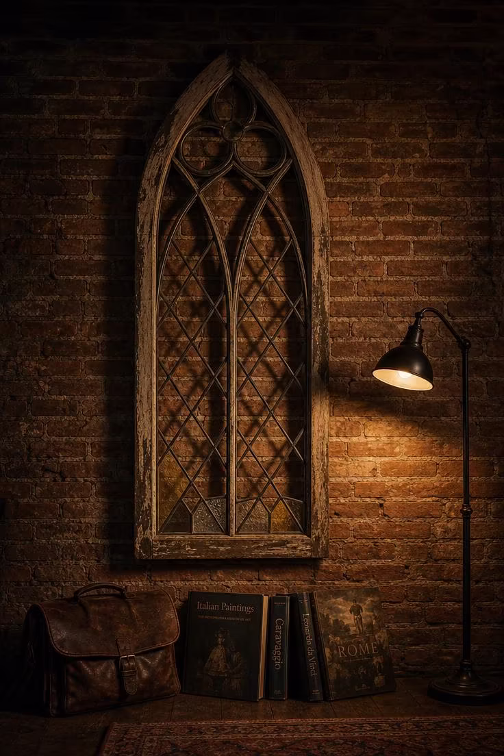 Salvaged church window frame with original lead came and glass fragments mounted on an exposed brick wall under moody upward floor lamp light