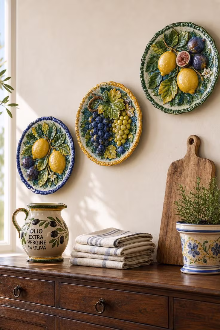 Three hand-painted Italian majolica platters with fruit motifs arranged diagonally above a walnut sideboard in bright midday light