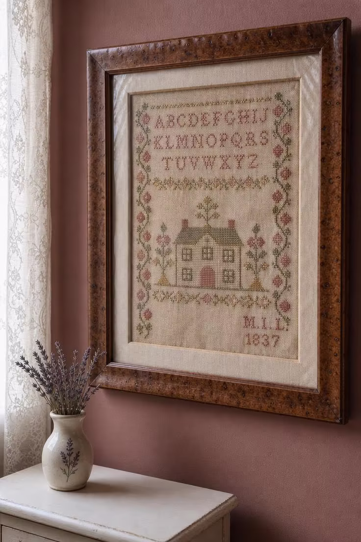 Framed antique silk embroidery sampler with cross-stitch alphabet and floral border on a dusty rose wall under cool overcast light