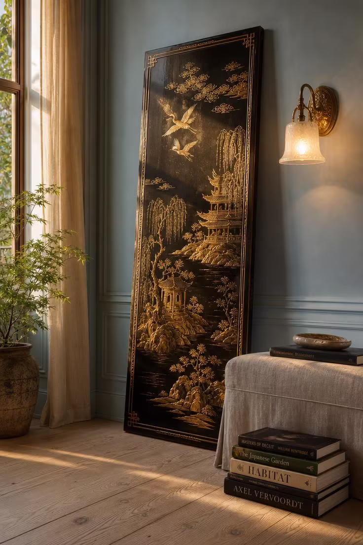 Tall chinoiserie lacquer panel in black and gold leaf leaning against a pale blue wall in warm golden hour side light with a vintage brass sconce nearby