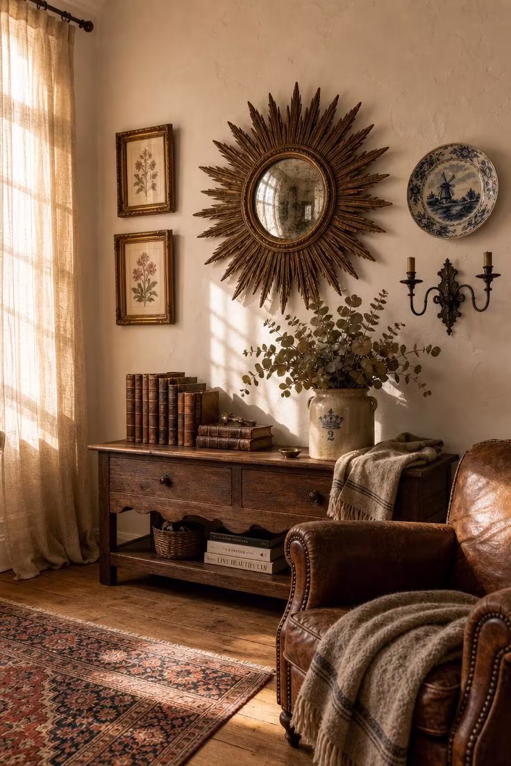 Simple Spaces 14 Cozy living room corner with a collected arrangement of antique wall decor including a brass sunburst mirror, gilt frames, a Delft plate, and a wrought iron sconce in warm golden afternoon light