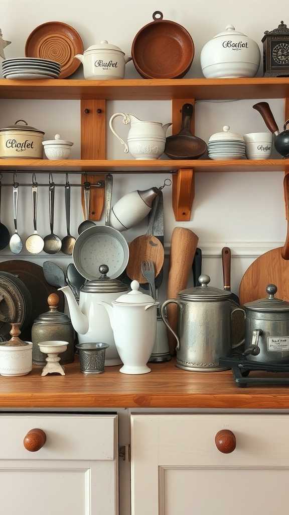 A collection of antique kitchen accessories displayed on a wooden shelf