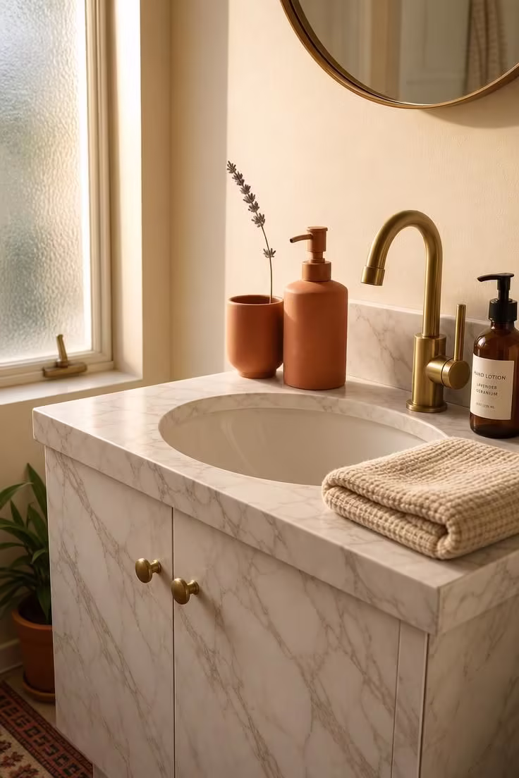 19 Cozy Apartment Bathroom Decor Ideas for Small Spaces 1 Terracotta soap dispenser and amber glass lotion bottle on a marble-look contact paper vanity in a small apartment bathroom with warm golden light
