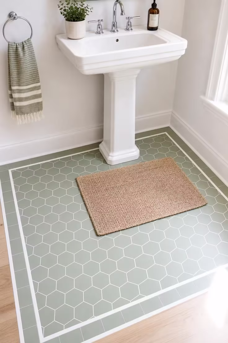 19 Cozy Apartment Bathroom Decor Ideas for Small Spaces 2 Sage green peel-and-stick hexagonal floor tiles surrounding a white pedestal sink in a bright apartment bathroom