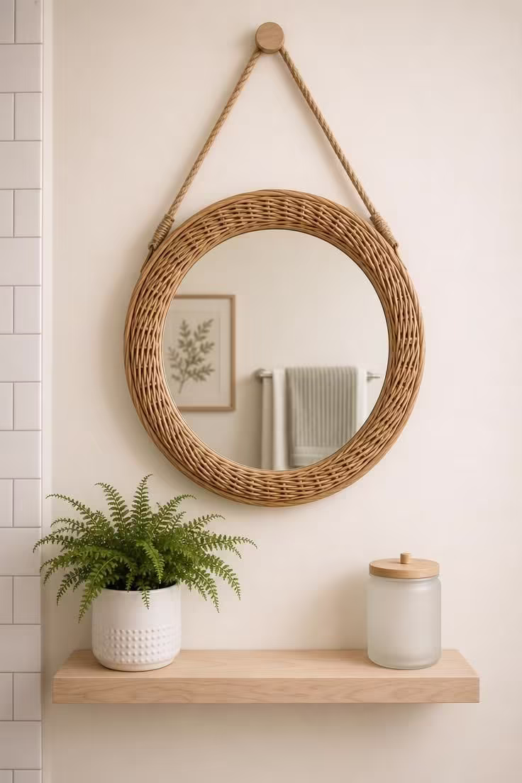 19 Cozy Apartment Bathroom Decor Ideas for Small Spaces 3 Round rattan-framed bathroom mirror hung with jute rope above a birch floating shelf holding a fern and frosted glass jar