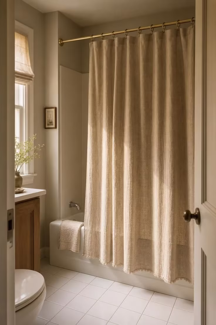 19 Cozy Apartment Bathroom Decor Ideas for Small Spaces 4 Natural linen shower curtain with raw-edge hem hanging from brass rings in a warm sunlit apartment bathroom