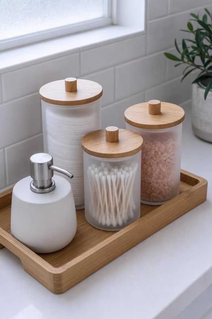 19 Cozy Apartment Bathroom Decor Ideas for Small Spaces 5 Bamboo vanity tray holding frosted glass jars of cotton rounds and bath salts on a white apartment bathroom countertop in cool morning light