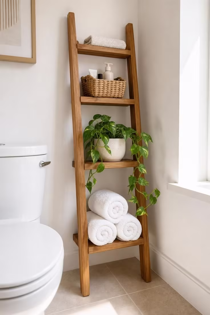 19 Cozy Apartment Bathroom Decor Ideas for Small Spaces 6 Narrow teak ladder shelf holding towels, a pothos plant, and a woven basket tucked between the toilet and wall in a bright apartment bathroom