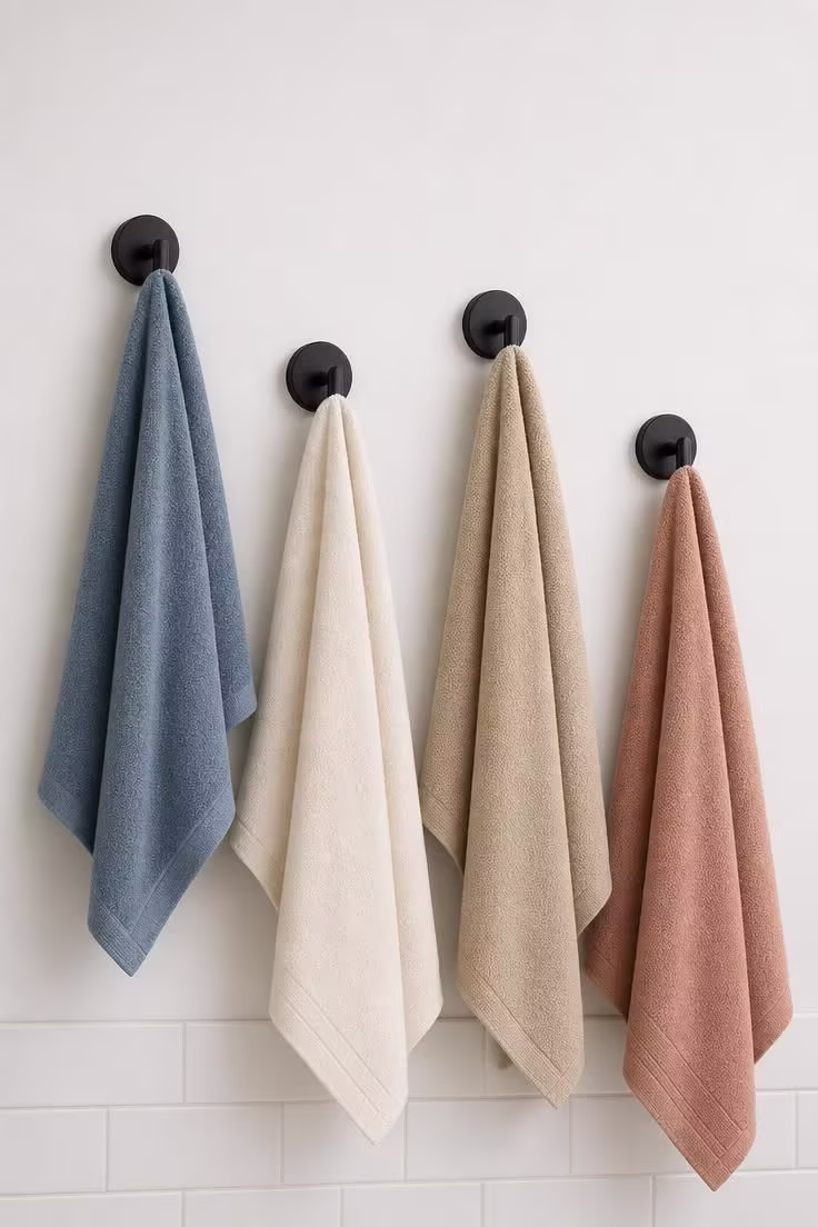 19 Cozy Apartment Bathroom Decor Ideas for Small Spaces 7 Four matte black towel hooks arranged in a staggered line on a white wall holding coordinated towels in blue, cream, sand, and clay tones