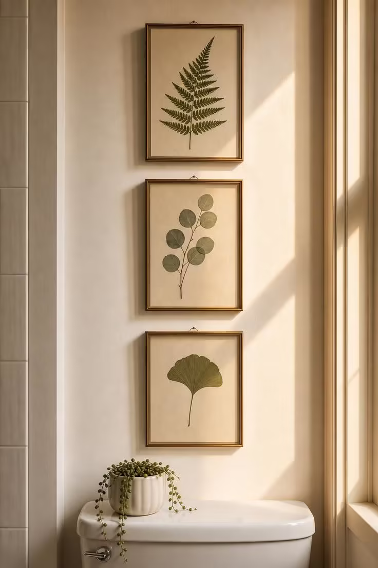 19 Cozy Apartment Bathroom Decor Ideas for Small Spaces 9 Three pressed botanical prints in thin brass frames arranged vertically above a white toilet tank with golden afternoon light