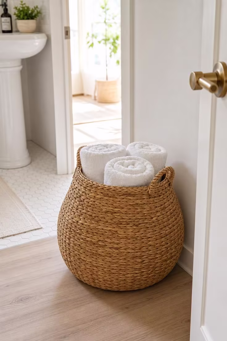 19 Cozy Apartment Bathroom Decor Ideas for Small Spaces 10 Large woven seagrass basket holding rolled white towels beside an apartment bathroom door with bright light from the adjacent room