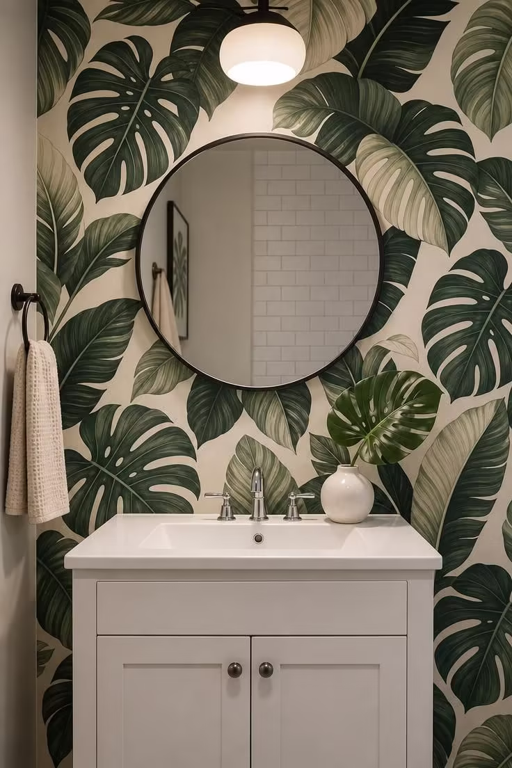19 Cozy Apartment Bathroom Decor Ideas for Small Spaces 11 Tropical leaf peel-and-stick wallpaper in green and cream behind a round vanity mirror in a small apartment bathroom