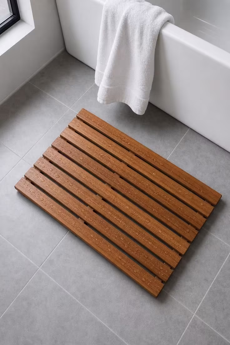 19 Cozy Apartment Bathroom Decor Ideas for Small Spaces 12 Slatted cedar bath mat with water droplets on cool dove-toned tile beside a white bathtub in overcast light