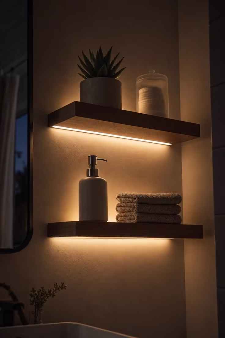 19 Cozy Apartment Bathroom Decor Ideas for Small Spaces 13 Two floating shelves with warm LED strip lights glowing underneath in a dimly lit apartment bathroom at evening
