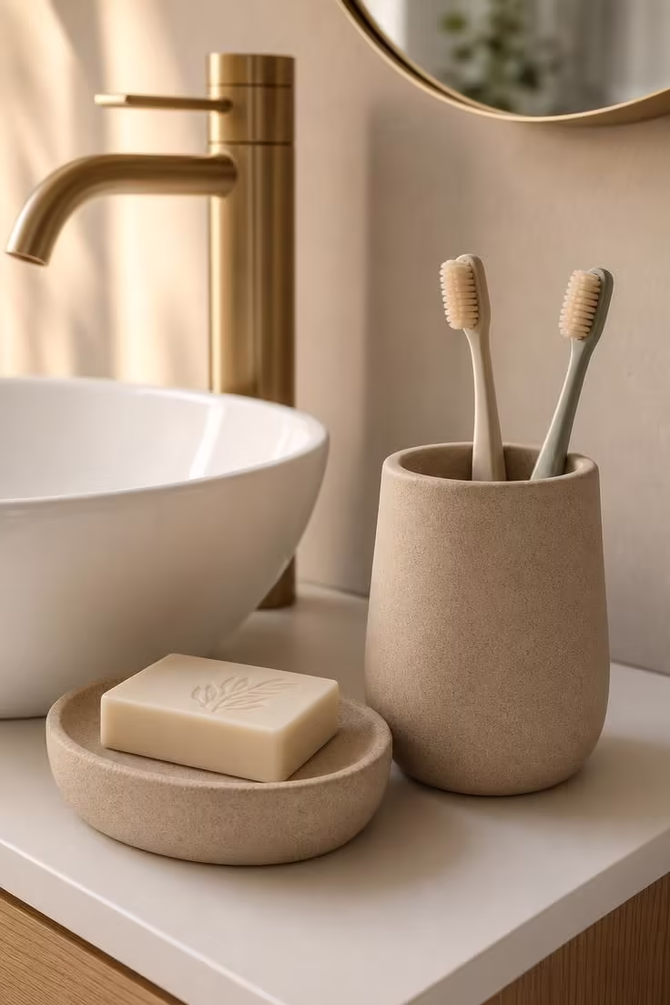 19 Cozy Apartment Bathroom Decor Ideas for Small Spaces 14 Matching matte stoneware soap dish and toothbrush holder in sand beside a white vessel sink with warm golden light