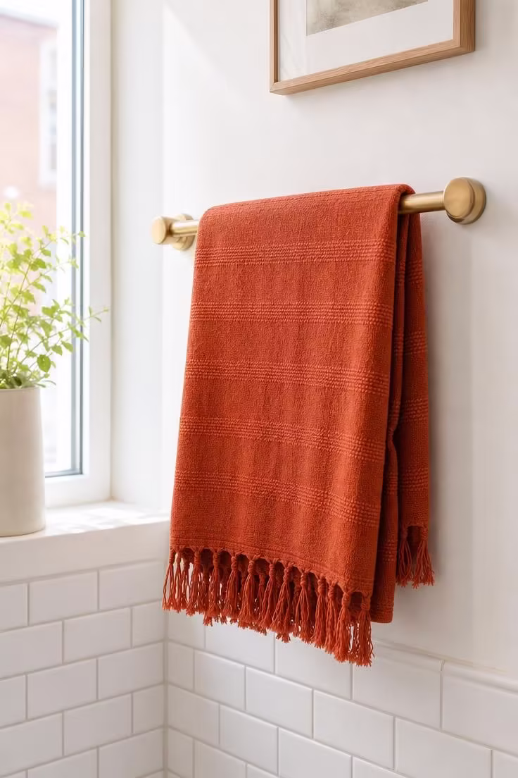 19 Cozy Apartment Bathroom Decor Ideas for Small Spaces 15 Deep rust cotton Turkish towel with fringe draped over a brushed brass bar on a white wall in bright apartment bathroom light