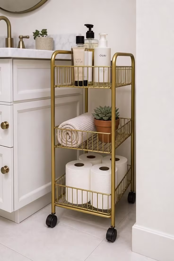 19 Cozy Apartment Bathroom Decor Ideas for Small Spaces 16 Slim three-tiered brass rolling cart with wire baskets tucked beside a white bathroom vanity holding toiletries and towels