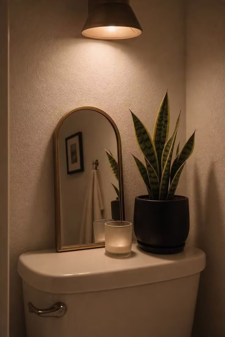 19 Cozy Apartment Bathroom Decor Ideas for Small Spaces 18 Small arched brass mirror propped on a toilet tank beside a snake plant and frosted glass votive in moody warm light