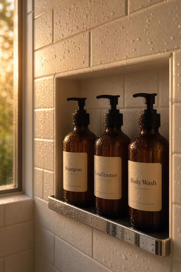 19 Cozy Apartment Bathroom Decor Ideas for Small Spaces 19 Three amber glass pump bottles with handwritten labels for shampoo, conditioner, and body wash in a white tiled shower niche with warm golden light