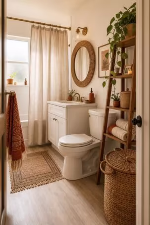 Cozy small apartment bathroom seen from the doorway with linen shower curtain, rattan mirror, teak ladder shelf, seagrass basket, and warm neutral decor in soft afternoon light