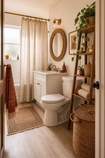 19 Cozy Apartment Bathroom Decor Ideas for Small Spaces Cozy small apartment bathroom seen from the doorway with linen shower curtain, rattan mirror, teak ladder shelf, seagrass basket, and warm neutral decor in soft afternoon light