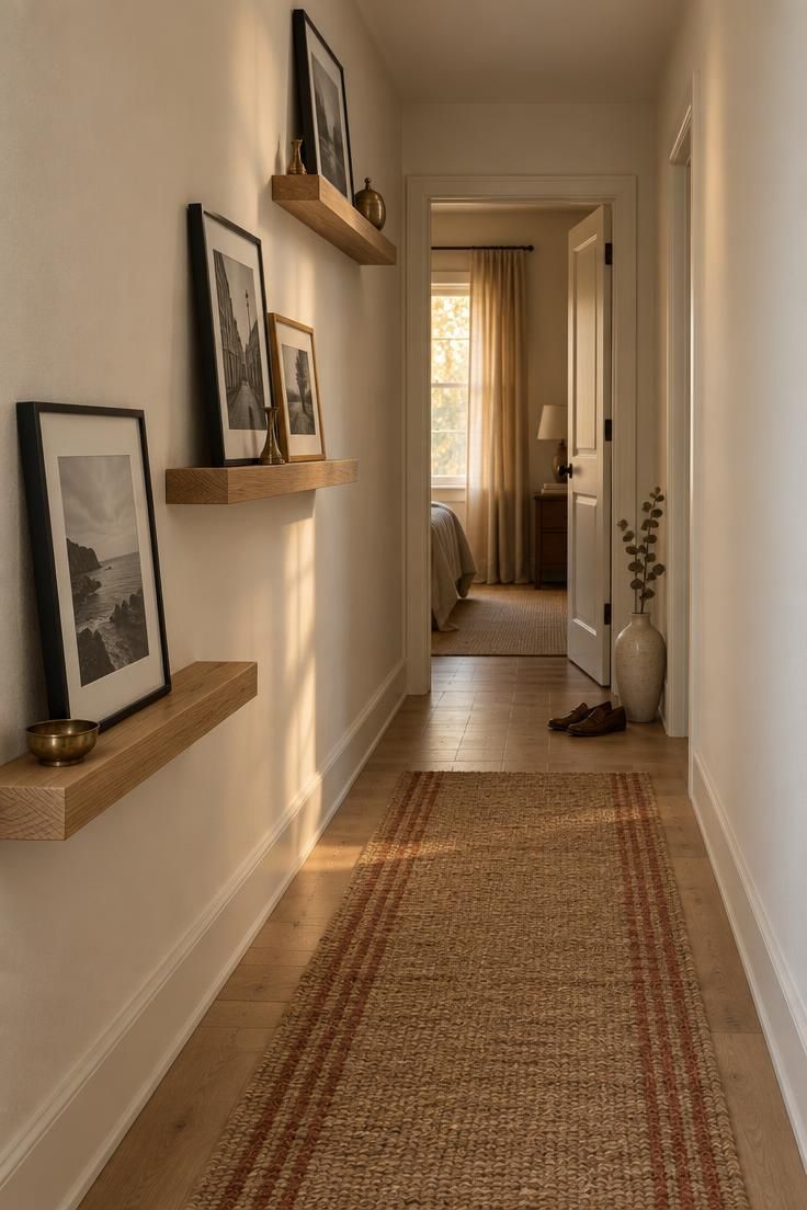 13 Cozy Apartment Hallway Ideas for a Welcoming Entry 1 Narrow hallway with three ascending oak picture ledges holding leaning black-and-white frames on one wall.