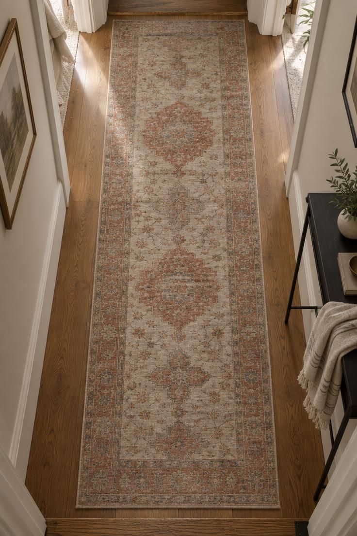 13 Cozy Apartment Hallway Ideas for a Welcoming Entry 2 Overhead view of a faded rust and cream hallway runner rug with exposed floor on both sides.