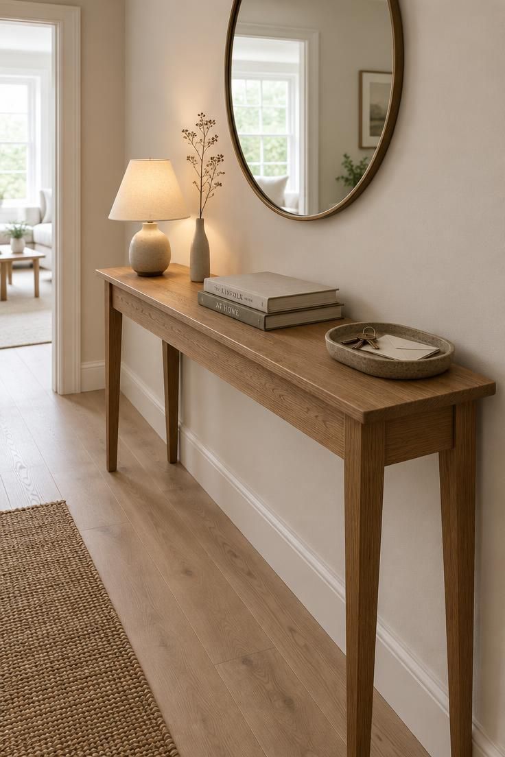 13 Cozy Apartment Hallway Ideas for a Welcoming Entry 3 Shallow wooden console table in a narrow hallway with a lamp, tray, and stacked books beneath a round mirror.
