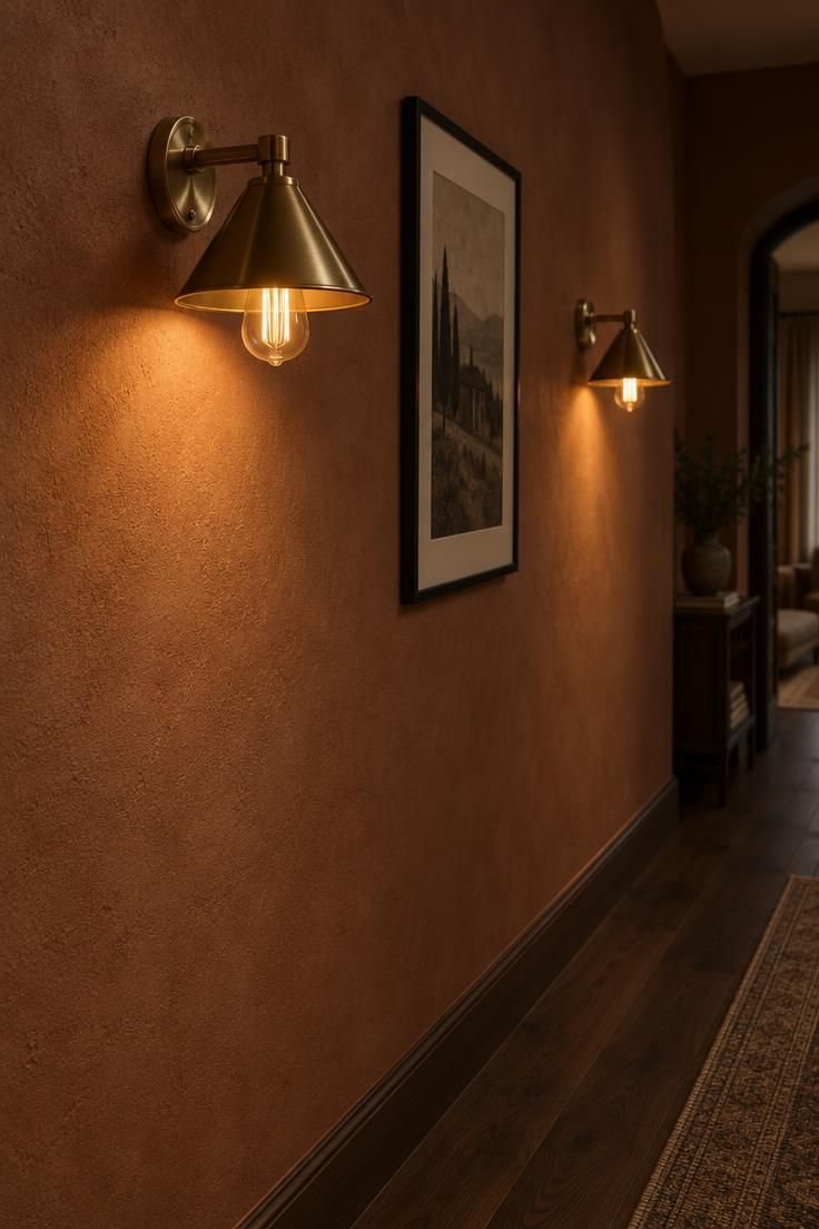 13 Cozy Apartment Hallway Ideas for a Welcoming Entry 4 Brass wall sconces with warm bulbs spaced evenly along a matte clay-colored hallway wall.