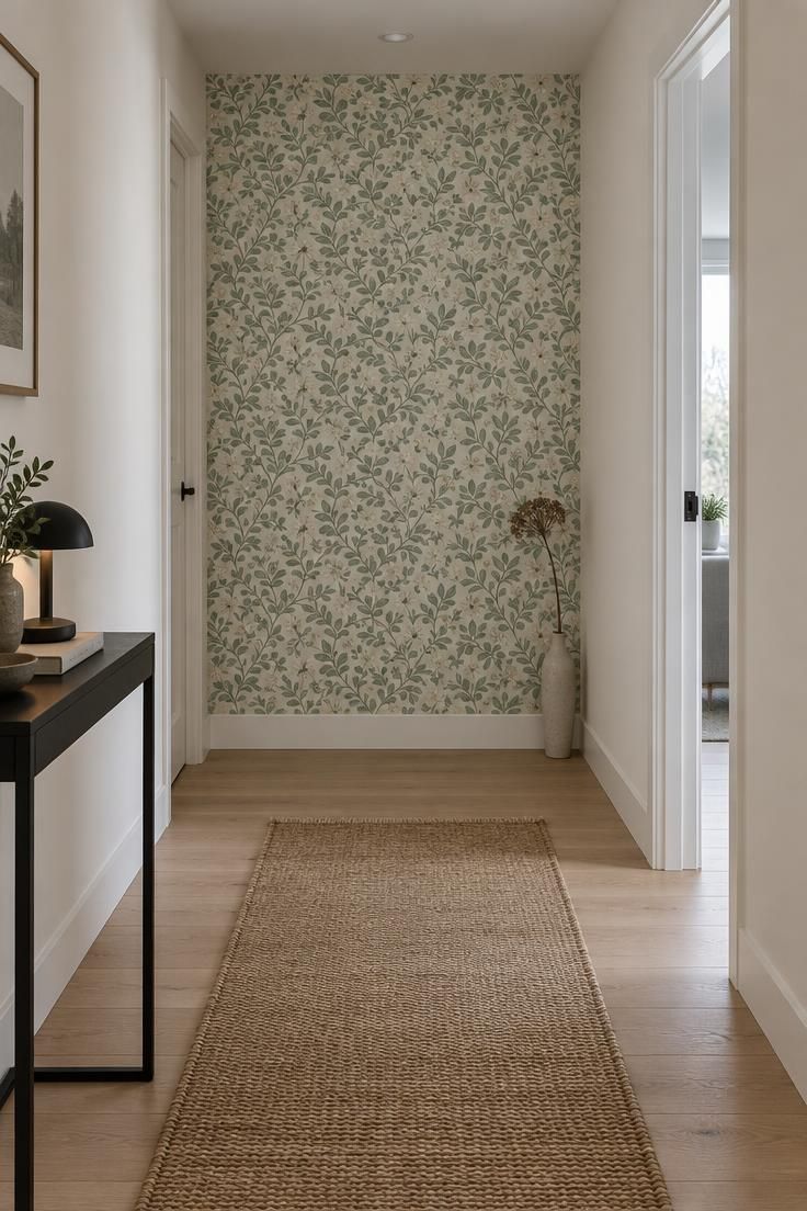 13 Cozy Apartment Hallway Ideas for a Welcoming Entry 5 Small-scale sage botanical wallpaper covering only the end wall of a narrow apartment hallway.