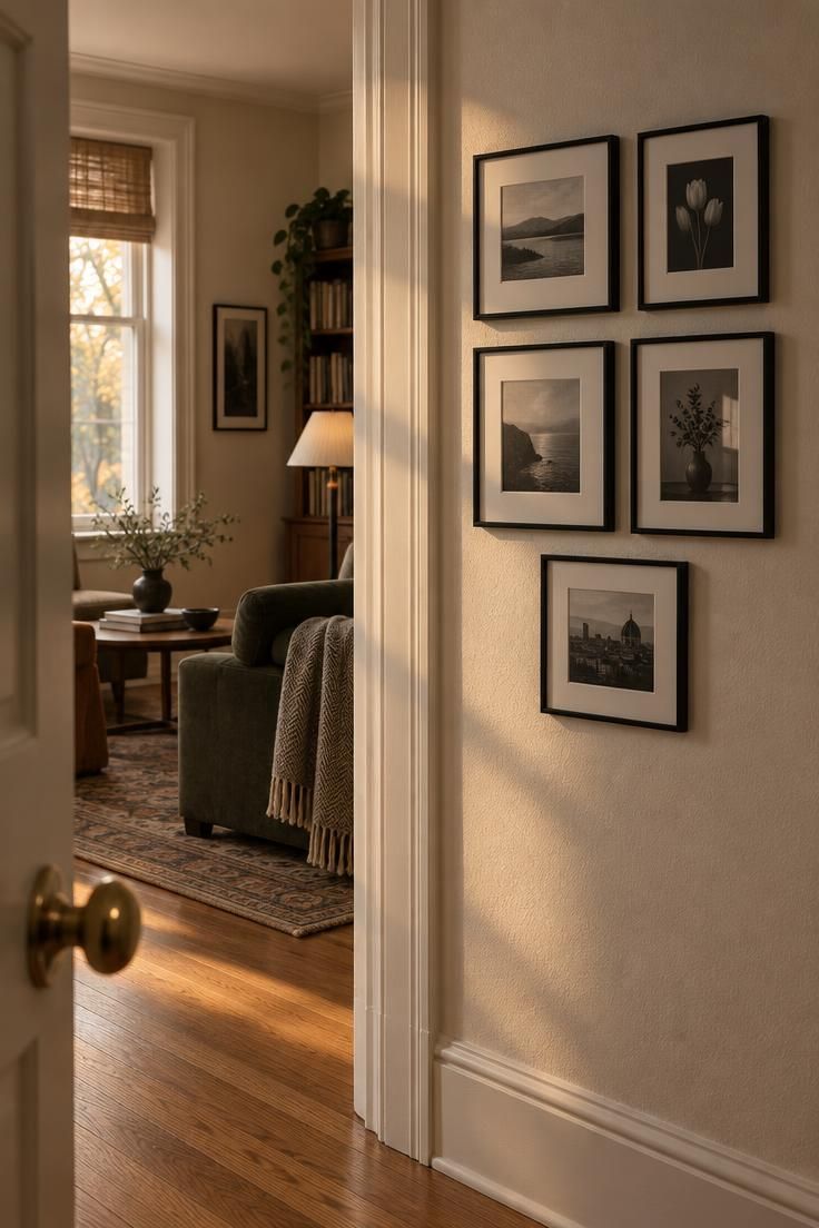 13 Cozy Apartment Hallway Ideas for a Welcoming Entry 6 Five small black-and-white framed prints clustered to one side of a hallway doorway.