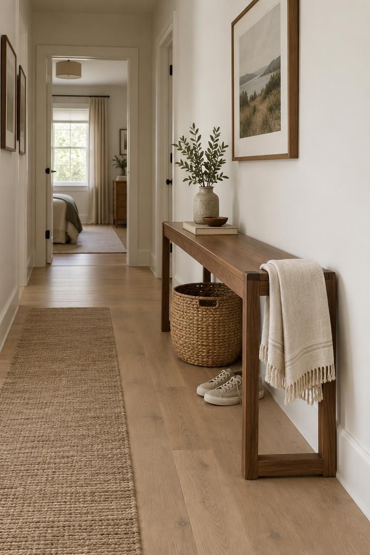 13 Cozy Apartment Hallway Ideas for a Welcoming Entry 7 Slim open-framed wooden bench in a hallway with a basket underneath and floor visible below.