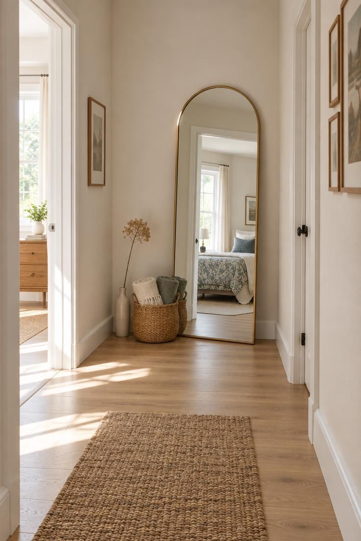 13 Cozy Apartment Hallway Ideas for a Welcoming Entry 8 Tall arched mirror with a thin brass frame leaning against the far wall of a hallway.