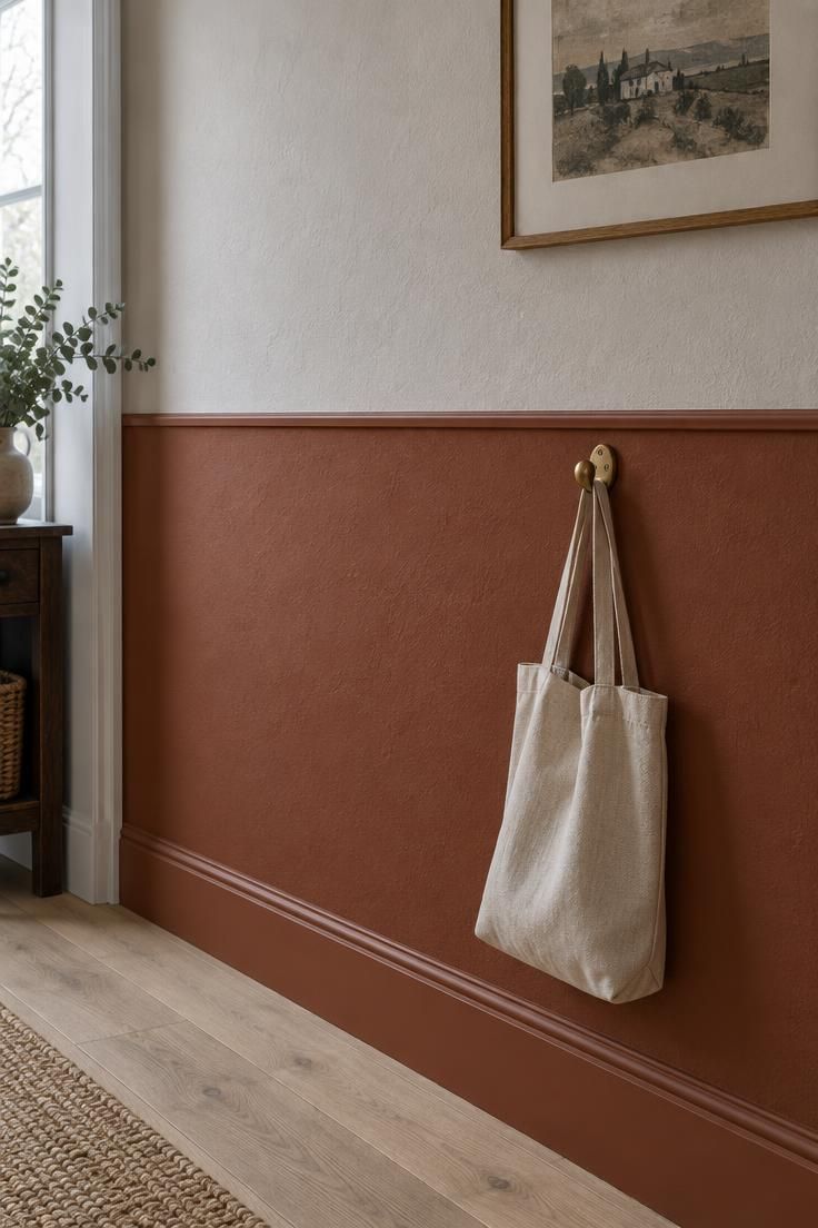 13 Cozy Apartment Hallway Ideas for a Welcoming Entry 9 Hallway wall with a deep clay lower band meeting a lighter off-white upper wall at a painted trim line.