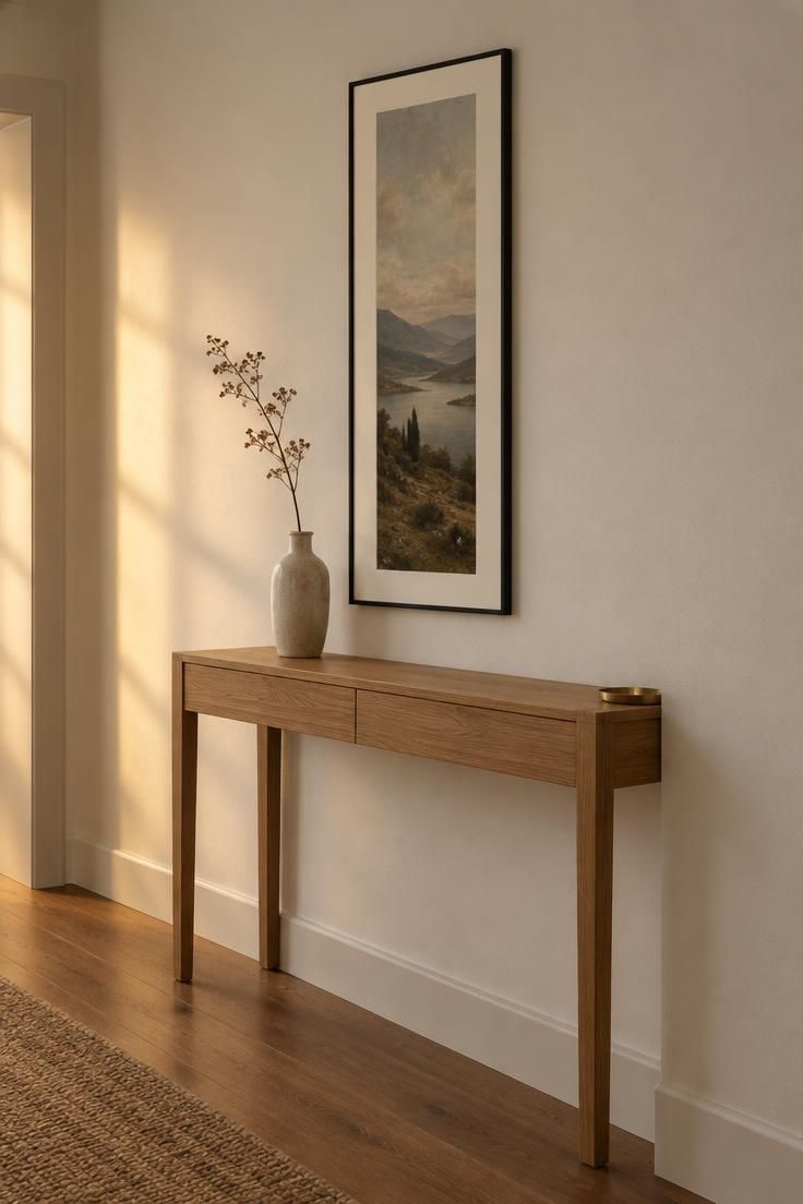 13 Cozy Apartment Hallway Ideas for a Welcoming Entry 10 Tall narrow framed print centered above a slim oak console table in a hallway.