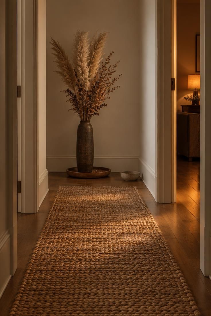 13 Cozy Apartment Hallway Ideas for a Welcoming Entry 11 Plain jute runner in a hallway with tall dried grasses in a floor vase at the far end.