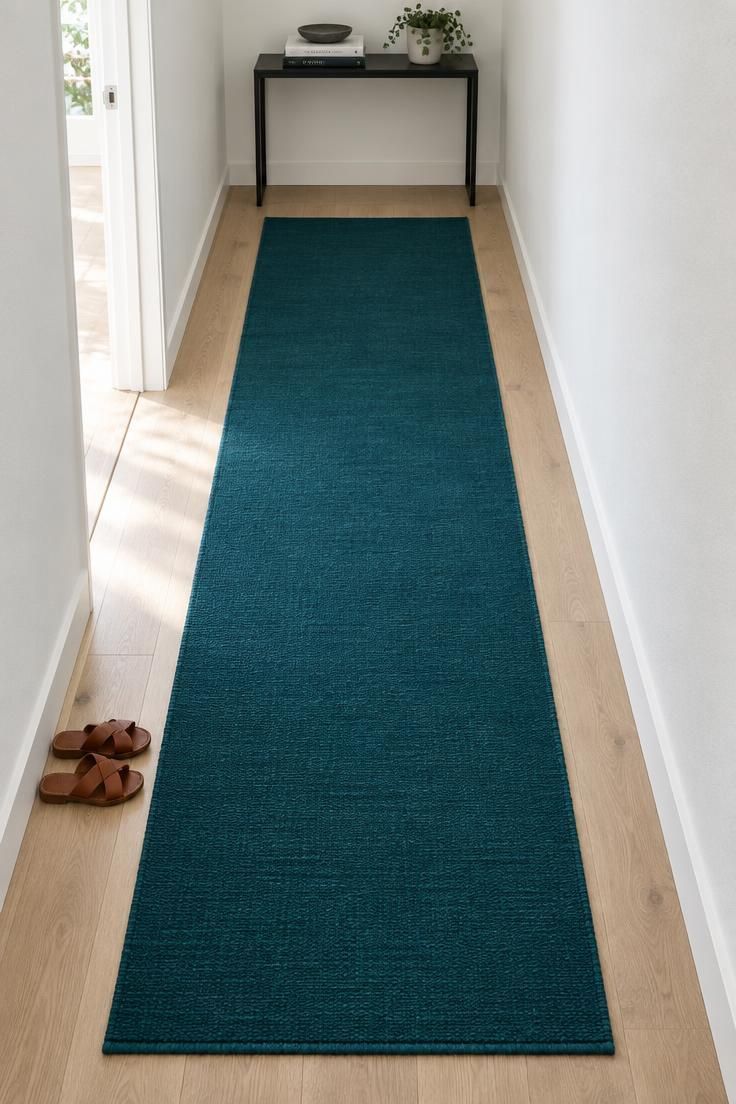 13 Cozy Apartment Hallway Ideas for a Welcoming Entry 12 Solid deep teal flat-weave runner running the length of a hallway between plain white walls.