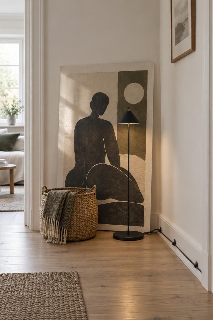 13 Cozy Apartment Hallway Ideas for a Welcoming Entry 13 Large leaning print layered behind a slim black floor lamp in a hallway corner.