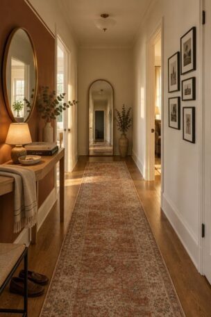 Cozy apartment hallway with a rust runner, slim oak console, small prints, and a leaning mirror at the far end.
