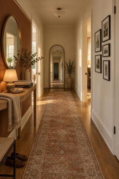 13 Cozy Apartment Hallway Ideas for a Welcoming Entry Cozy apartment hallway with a rust runner, slim oak console, small prints, and a leaning mirror at the far end.