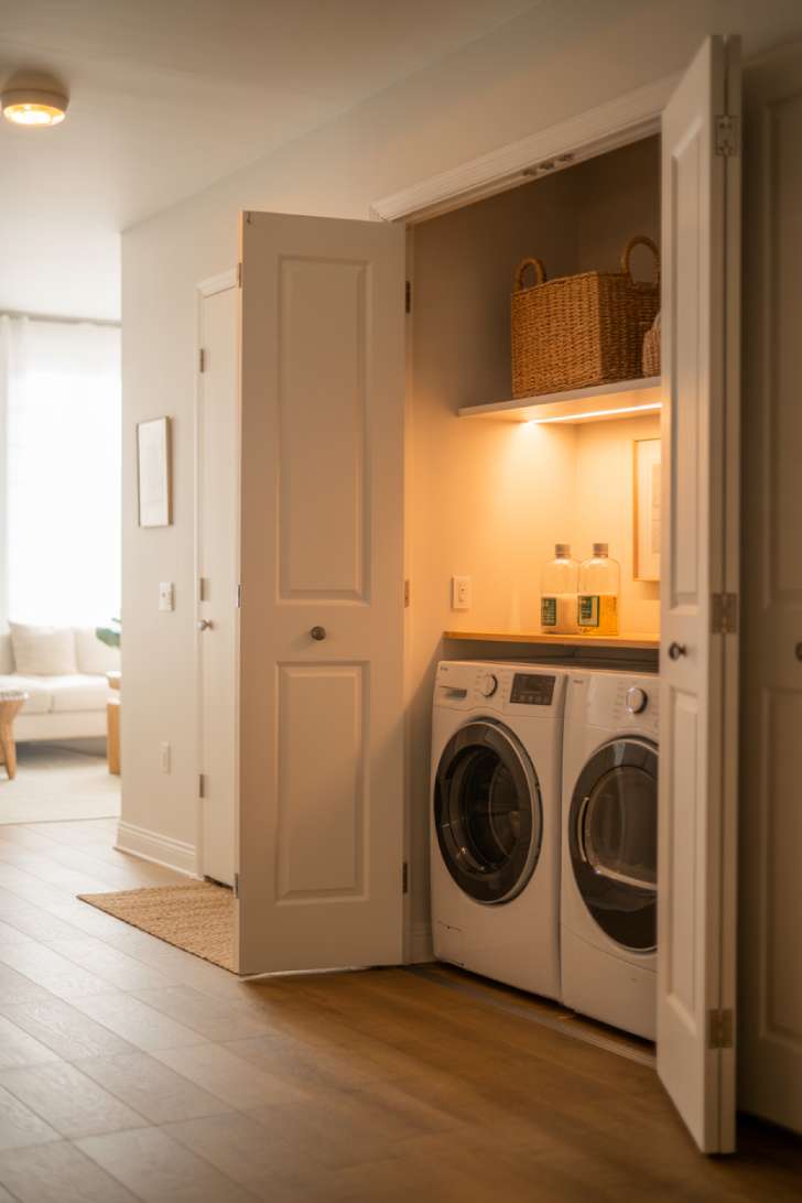 Compact stackable washer and dryer tucked inside a hallway closet with bifold doors and a floating shelf above