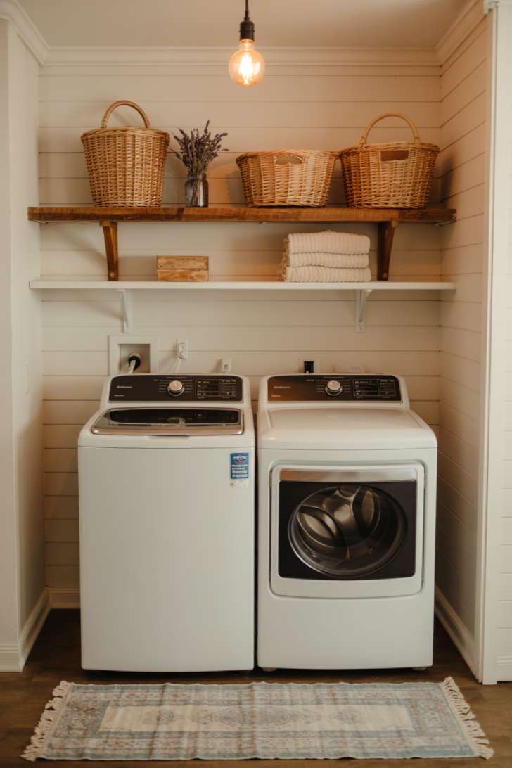 Shiplap accent wall behind laundry machines with a reclaimed wood shelf, wicker baskets, and a vintage runner rug