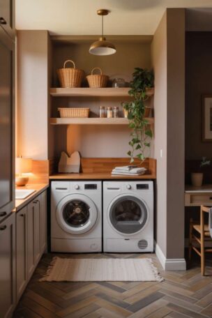 Cozy apartment laundry room with stackable washer and dryer, floating oak shelves, woven baskets, and warm natural light