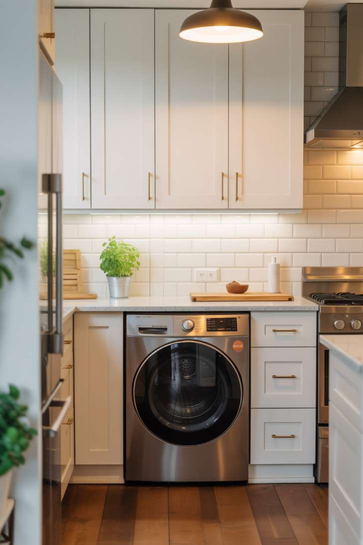 All-in-one washer dryer combo tucked under a kitchen countertop with matching cabinetry